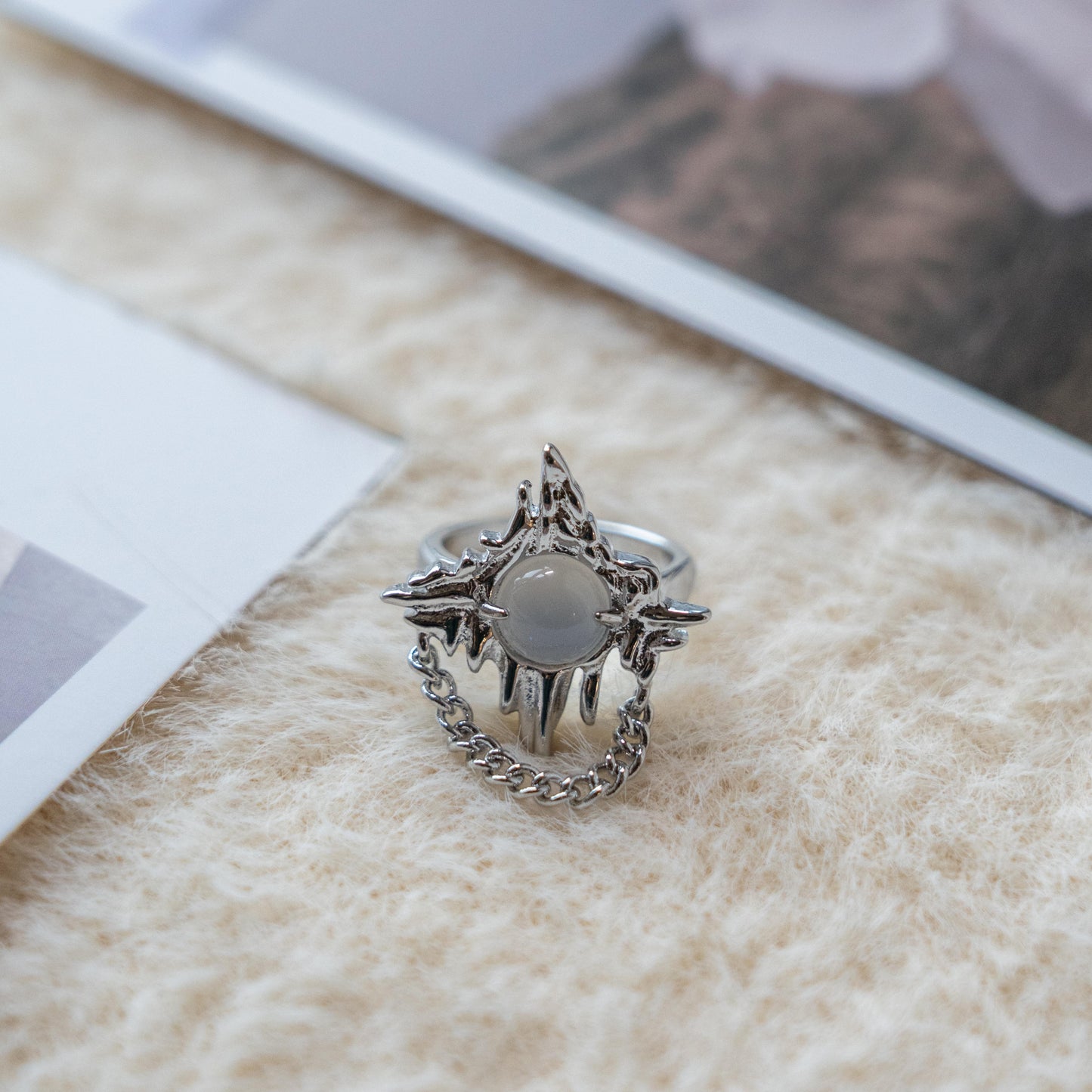 Moonstone Gem Punk Adjustable Ring Collection