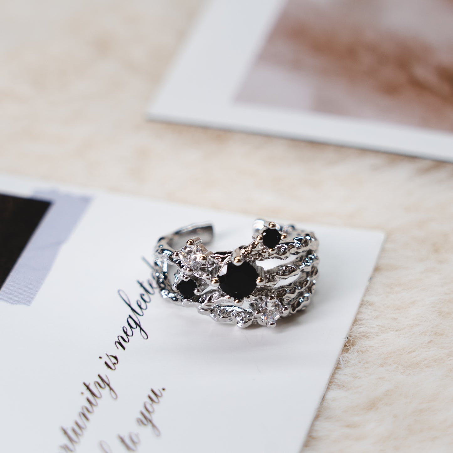 Black Onyx Pearl Punk Adjustable Ring Collection