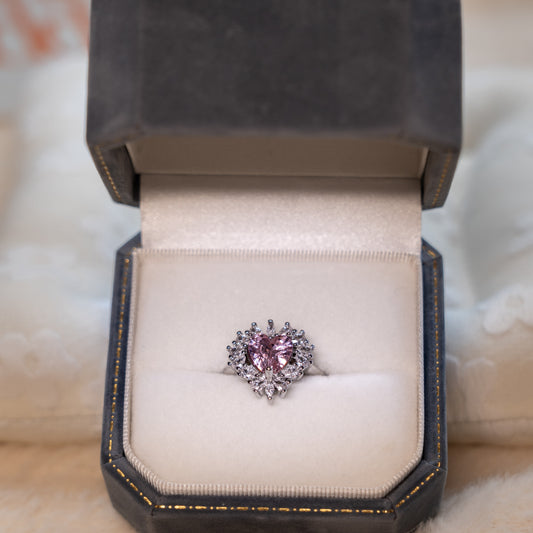 Adjustable Silver Ring - Pink Heart Gem & Zircon Halo Design