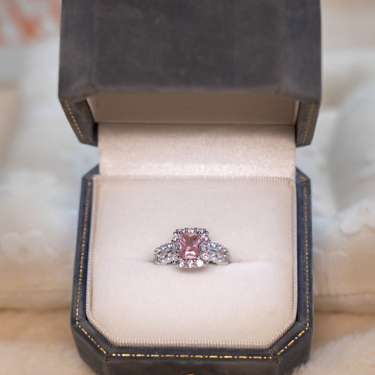 Adjustable Silver Ring - Pink Gem & Zircon Accent Design
