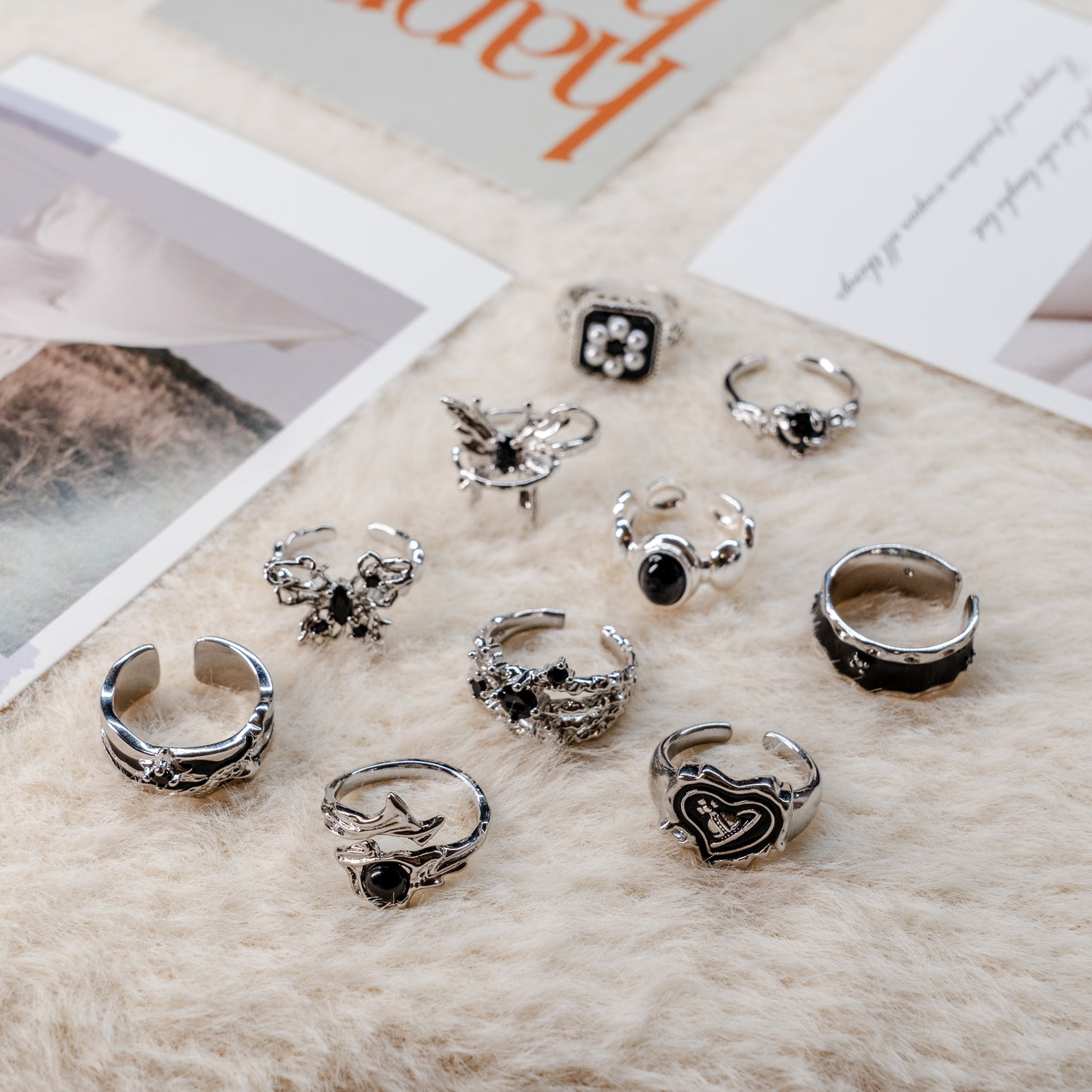 Black Onyx Pearl Punk Adjustable Ring Collection