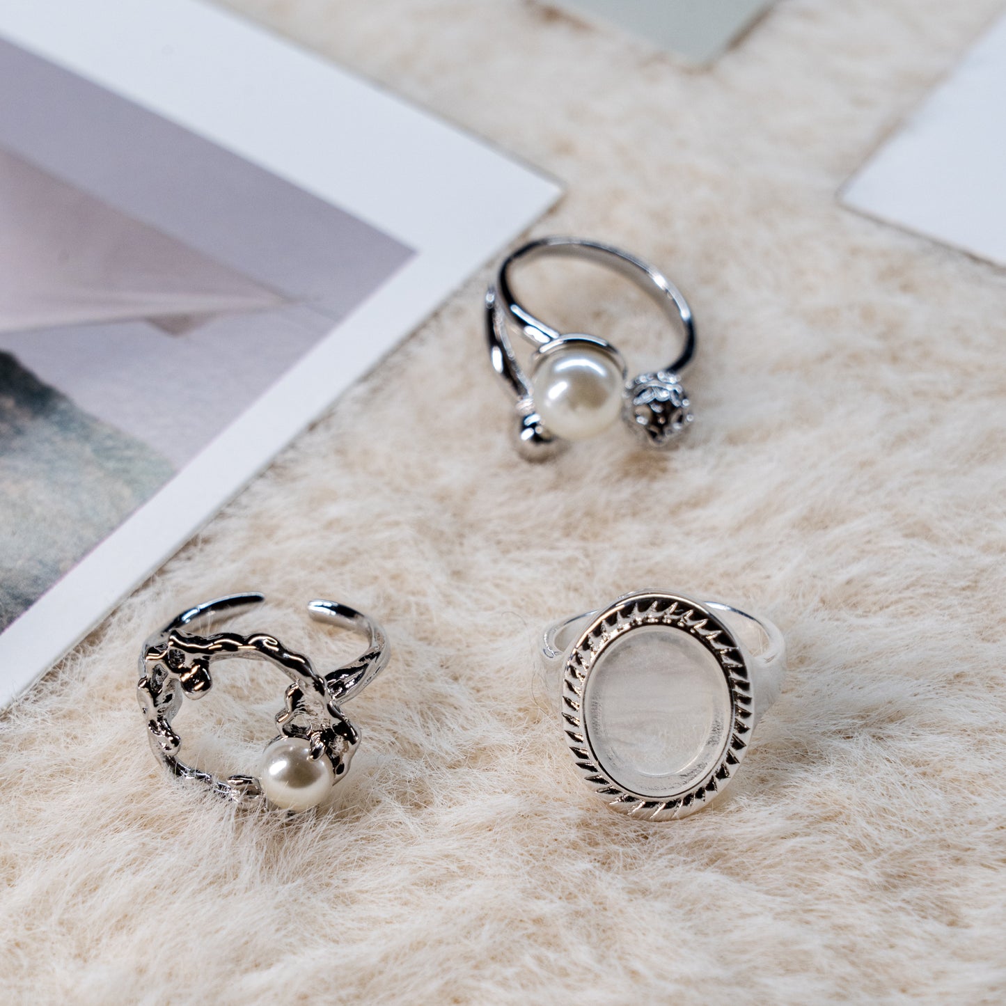 Pearl & Oval Gem Punk Adjustable Ring Collection