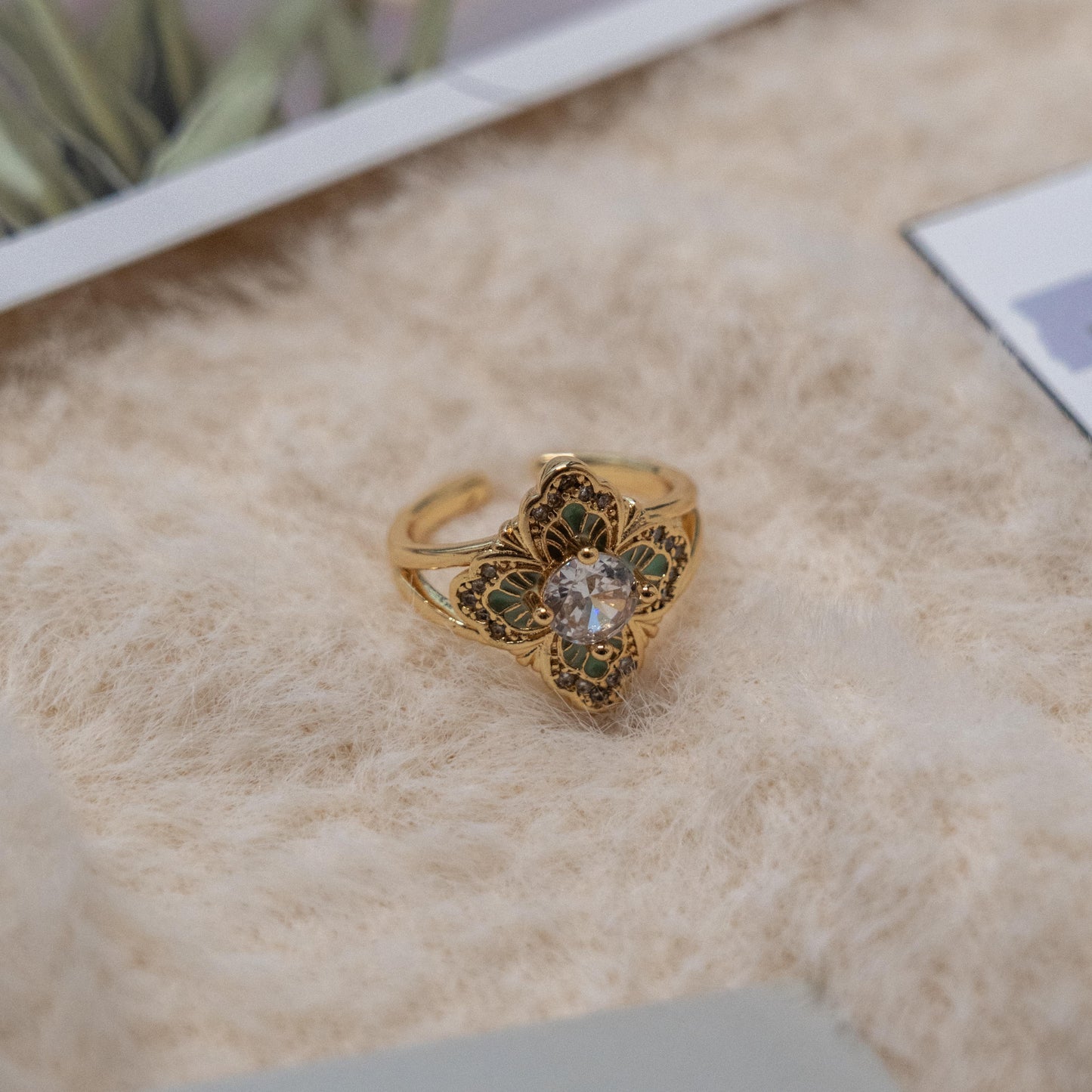 Vintage Style-  Enamel Gem Gold Ring