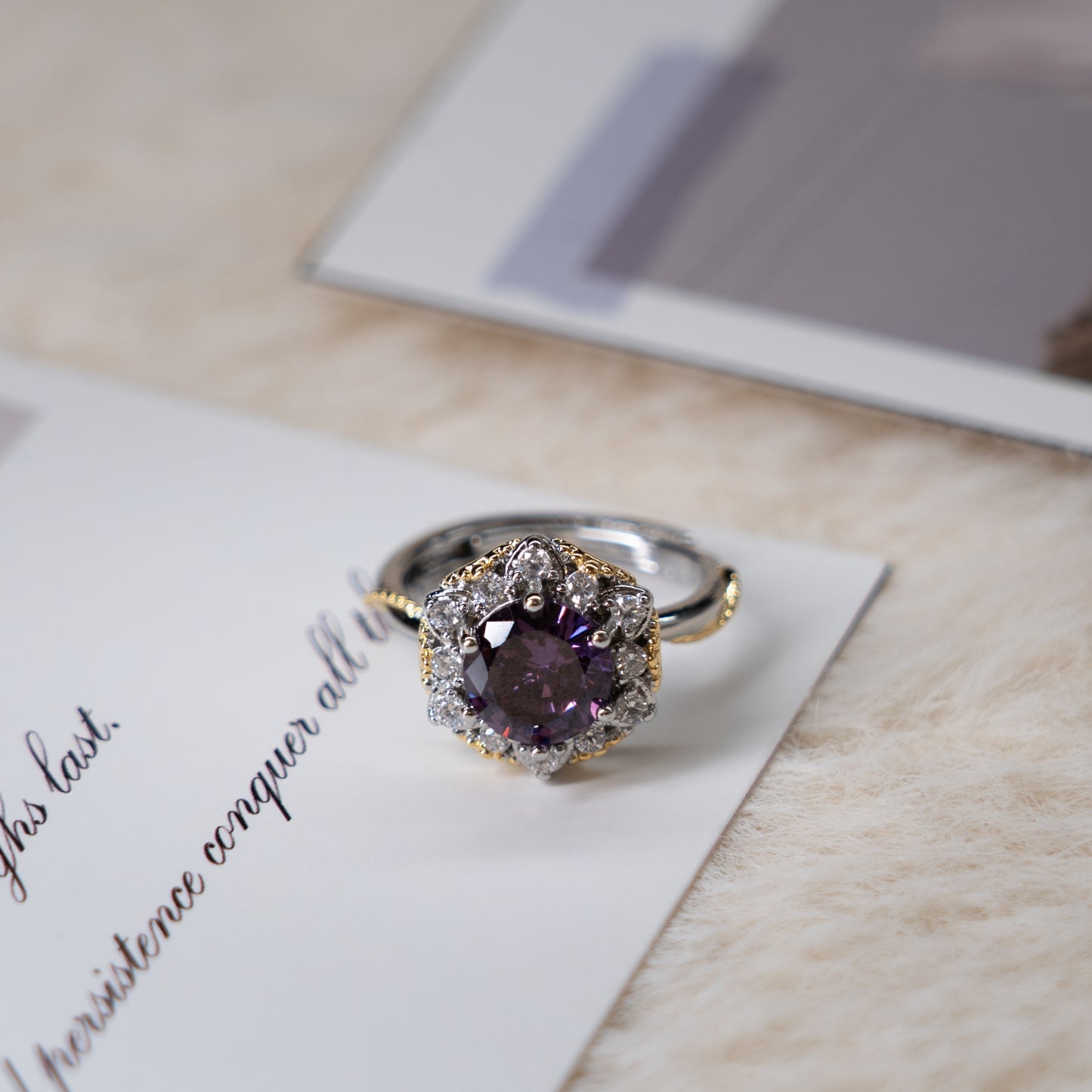 Adjustable Two-Tone Ring - Purple Gem & Zircon