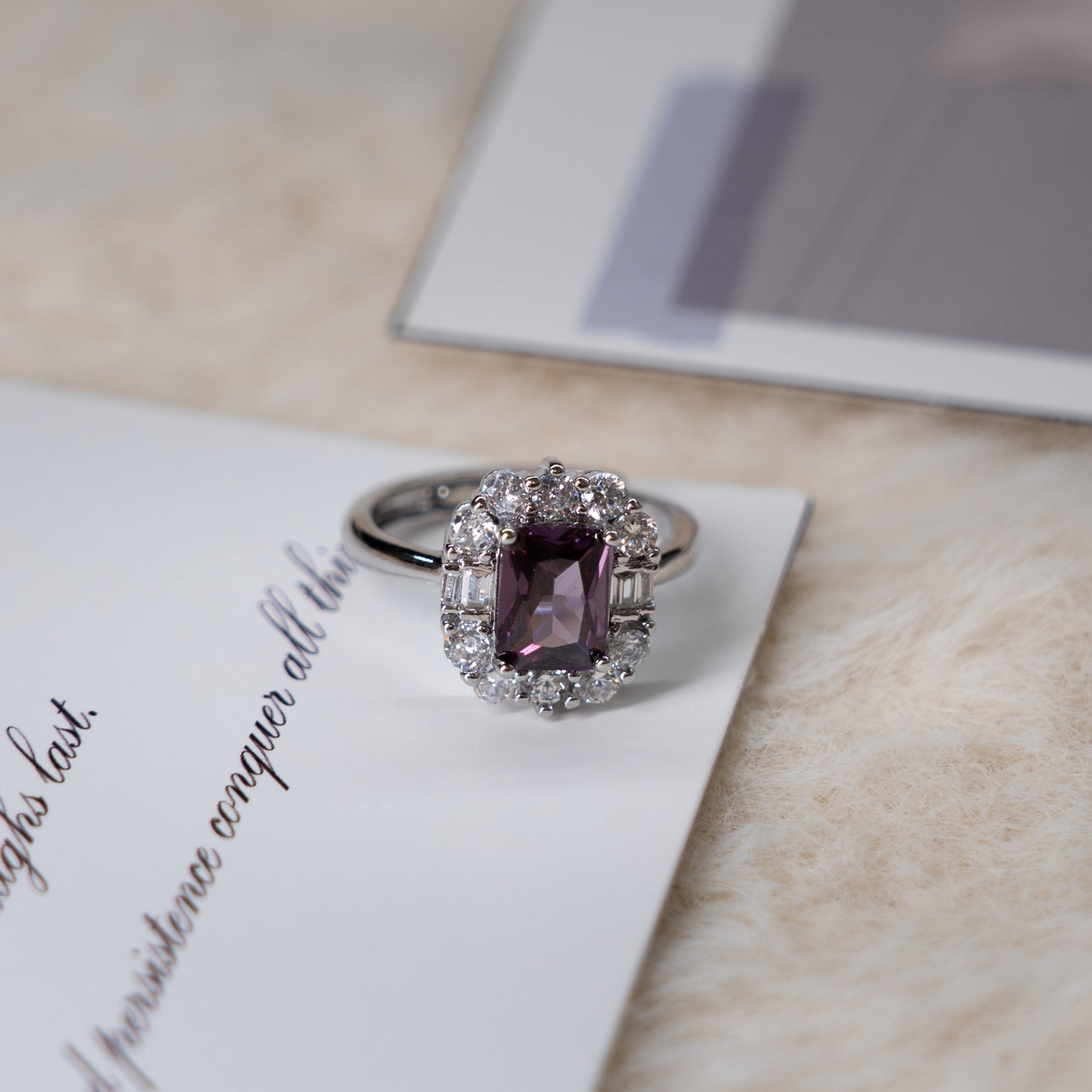 Adjustable Silver Ring - Purple Gem & Zircon