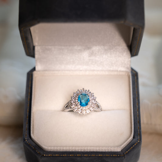 Adjustable Silver Ring - Blue Topaz & Zircon Halo Design