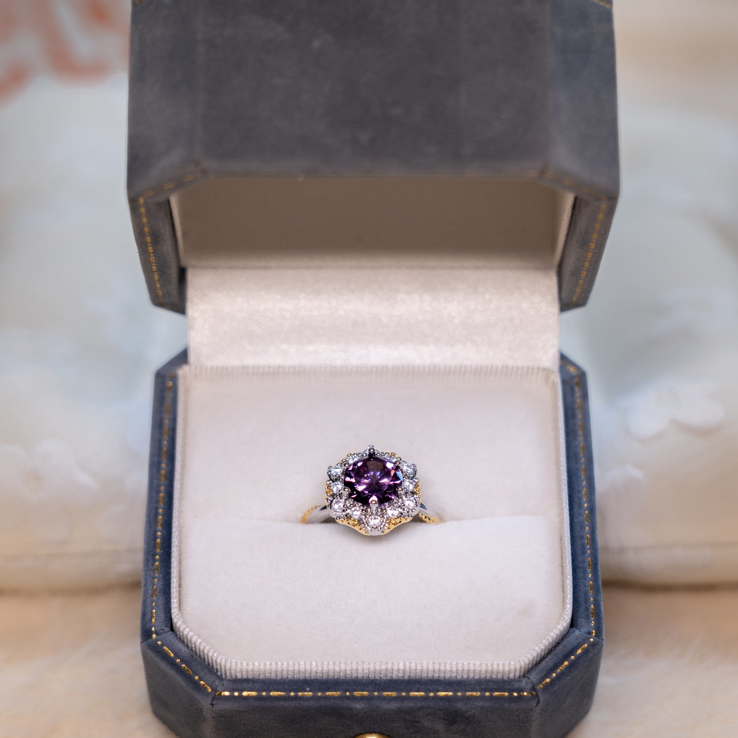 Adjustable Two-Tone Ring - Purple Gem & Zircon