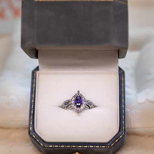Adjustable Silver Ring - Purple Gem & Zircon Halo Design