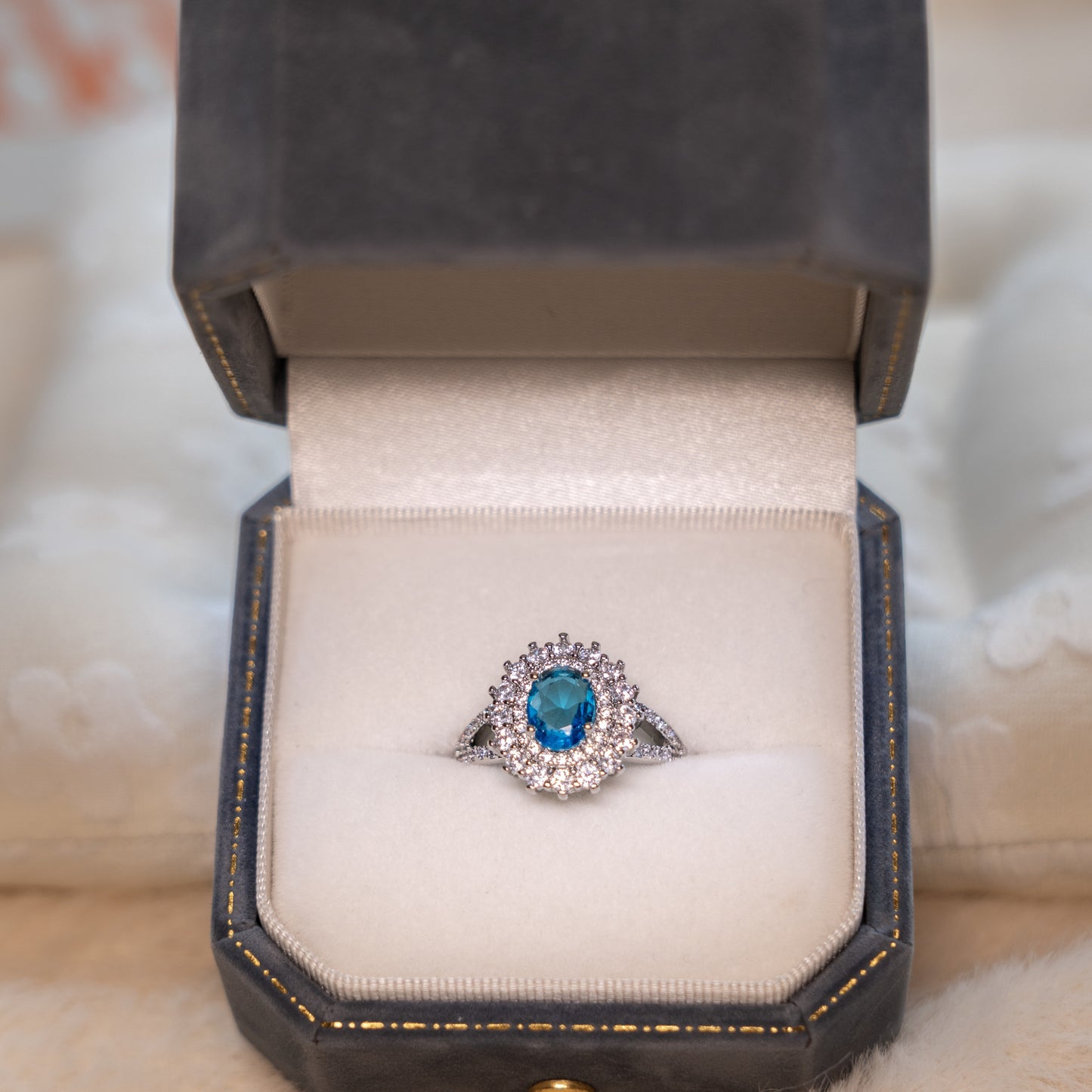 Adjustable Silver Ring - Blue Topaz & Zircon Halo Design