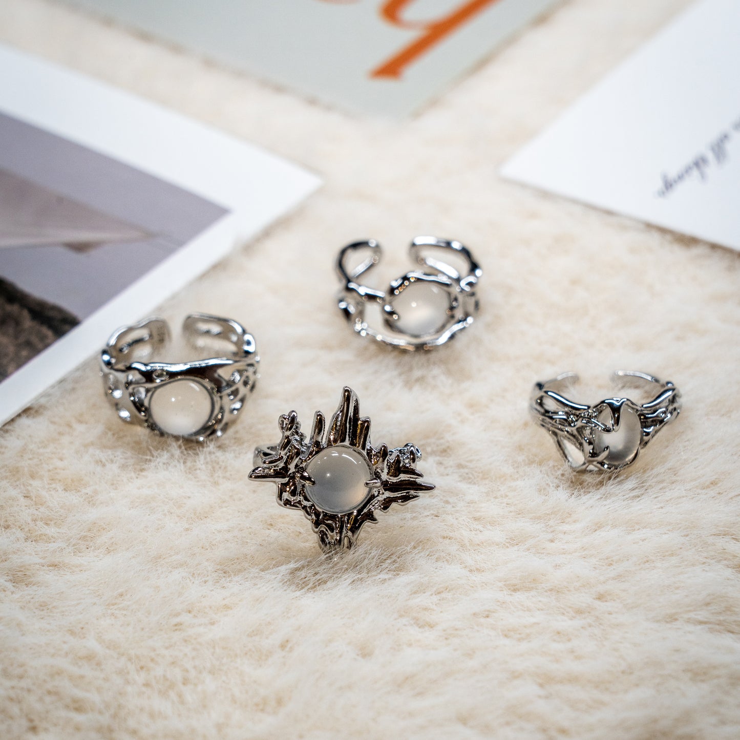 Moonstone Gem Punk Adjustable Ring Collection